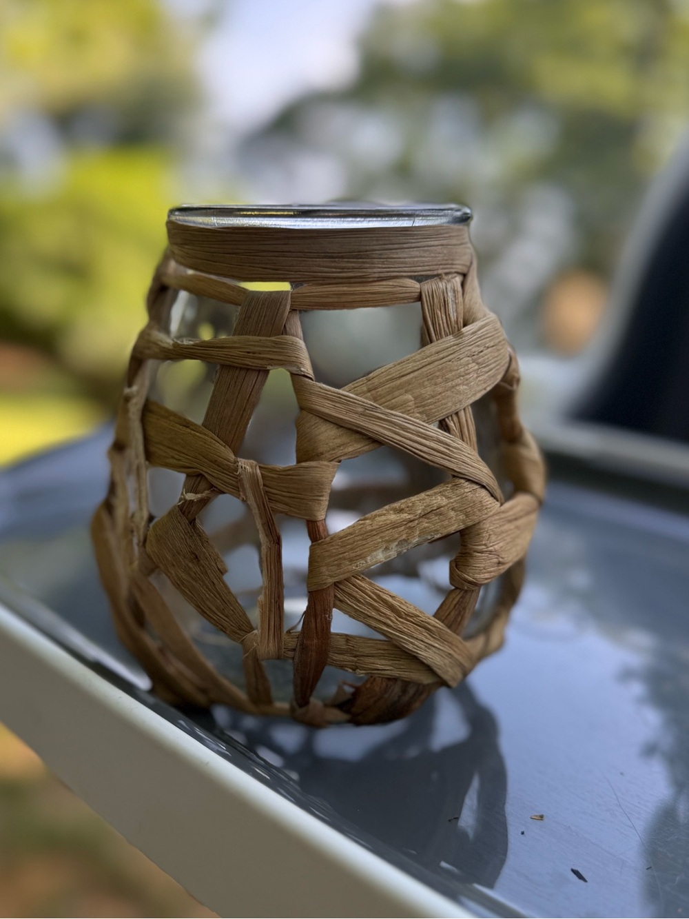 Handwoven Rattan Glass Vase - Brown